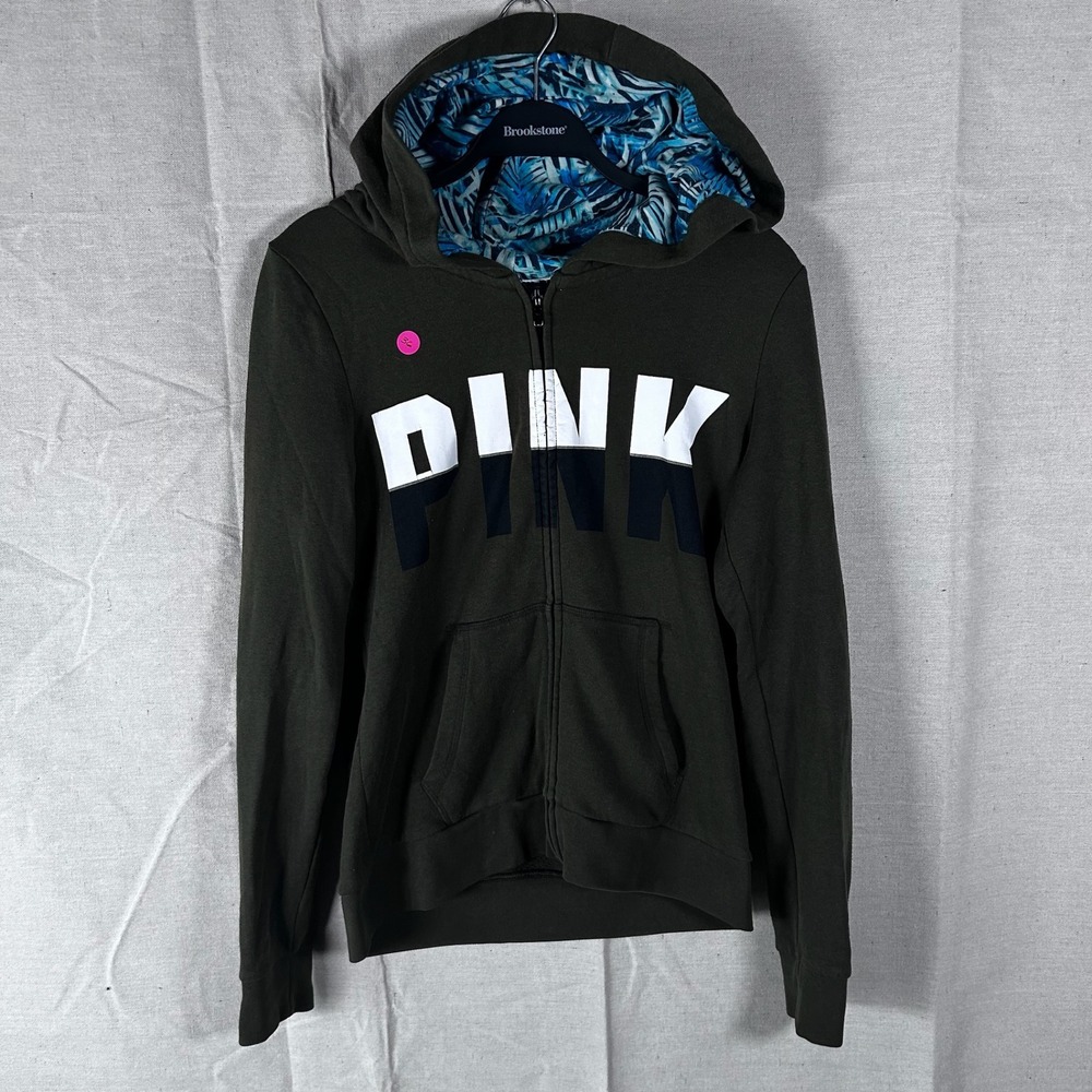 Victorias Secret PINK Hoodie‎ Gray Full Zip Tropical Hood Lining Medium